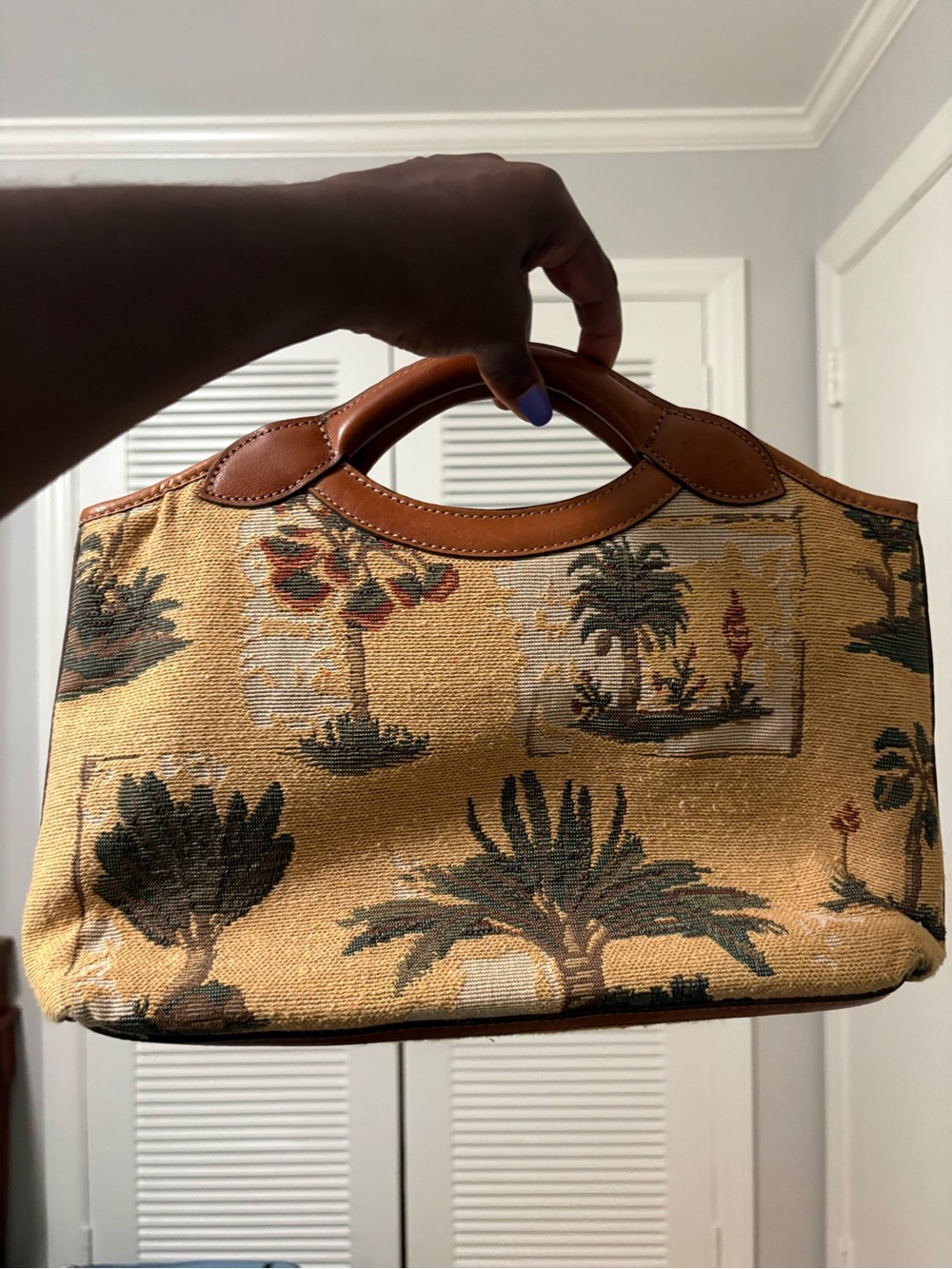 Woven Palm Print Tommy Bahama Tote Bag with Tan Leather Trim